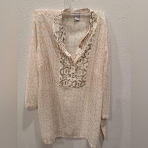 Chico's Cream and Gold Sequin Tunic Top swim coverup